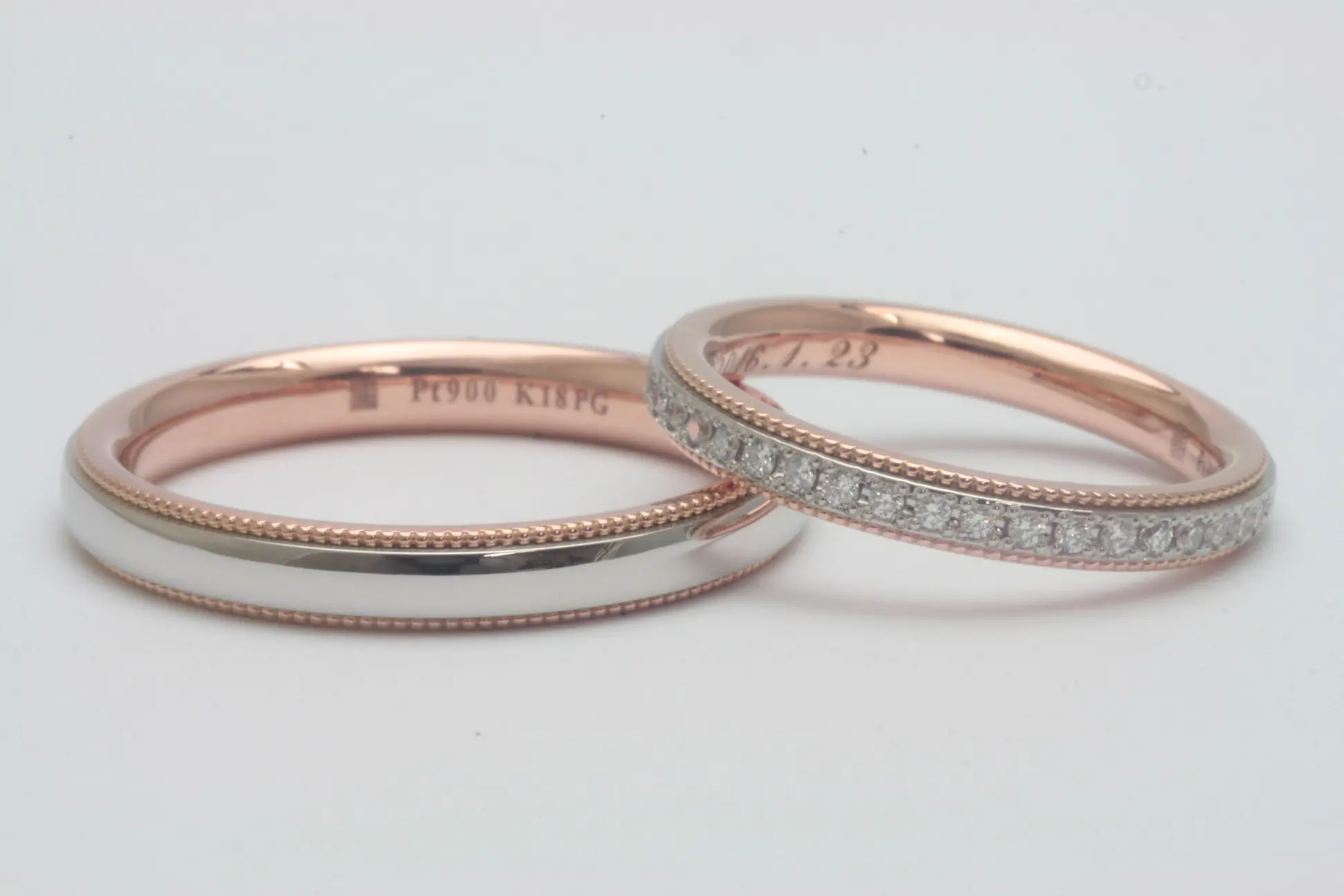 18Kミル打ちローズカットハーフエタニティリング　2本セット ◇受注生産◇【0.15ct】ローズカットダイヤモンド ミルグレイン