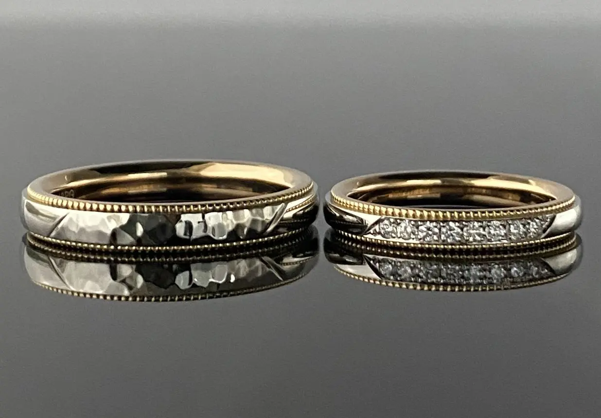 ミル打ち、ダイヤ、槌目仕上げが素敵な鍛造コンビリング | 結婚・婚約